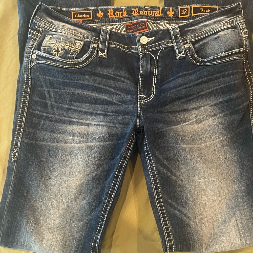 Rock Revival Blue Boot Cut Jeans with Vintage Fading